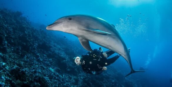 dauphin et plongeur dans le lagon de Fakarava - plongée