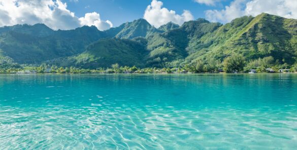 Vue depuis le lagon turquoise e Moorea sur la montagne verdoyante.