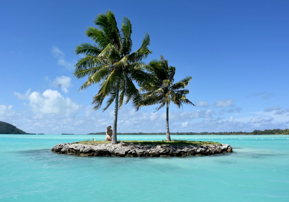 Vue d'un petit îlot avec la statue et deux palmiers dans le lagon devant l'aéroport de Bora Bora