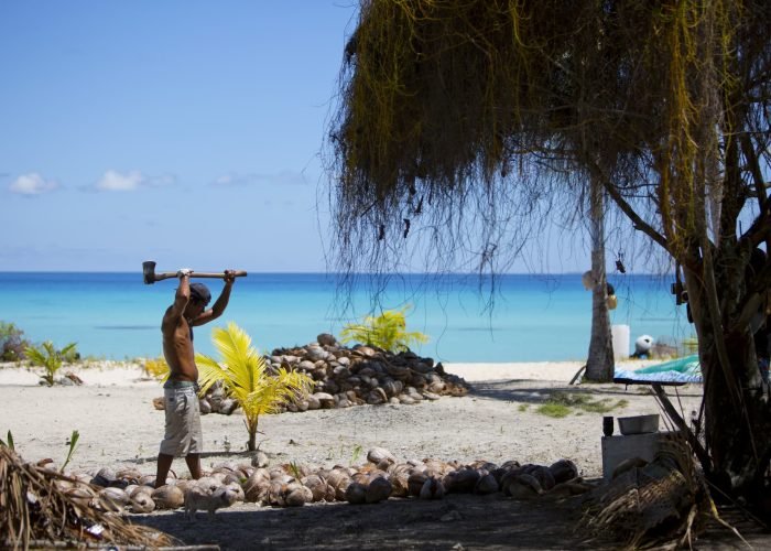 homme en train d'ouvrir des noix de coco à la hache sur une plage à Tikehau - fabrication du coprah en Polynésie