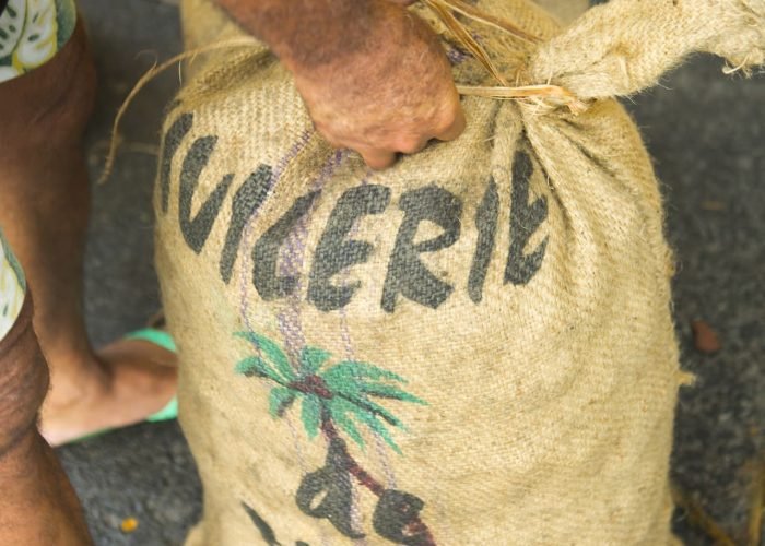 sac rempli de coco pour envoyer à l'huilerie de Tahiti pour la fabrication du coprah en Polynésie