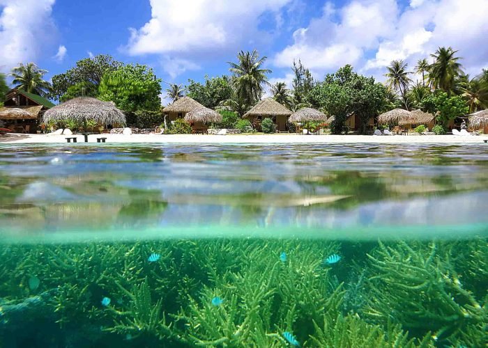 Pension Havaiki Lodge à Fakarava - vue semi-submergée dans le lagon, sur la plage et les Bungalows Plage.