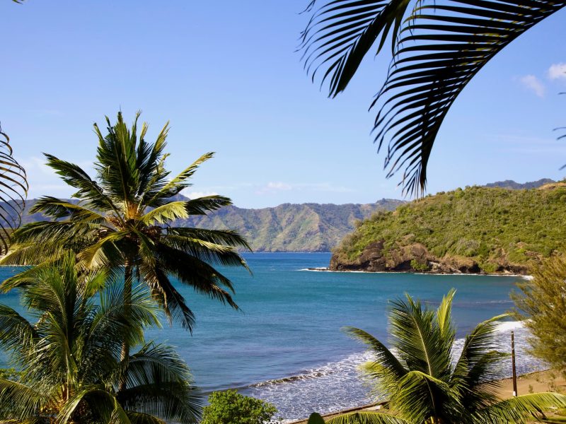 vue sur la baie à Hiva Oa dans l'archipel des Marquises, avec la plage en contre-bas et des palmiers au premier plan.