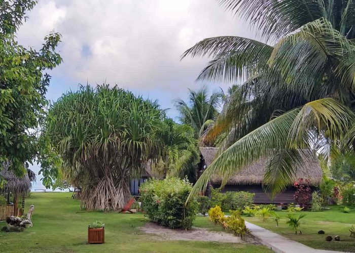 Pension Moana Lodge à Huahine. Vue générale sur le jardin de la pension.