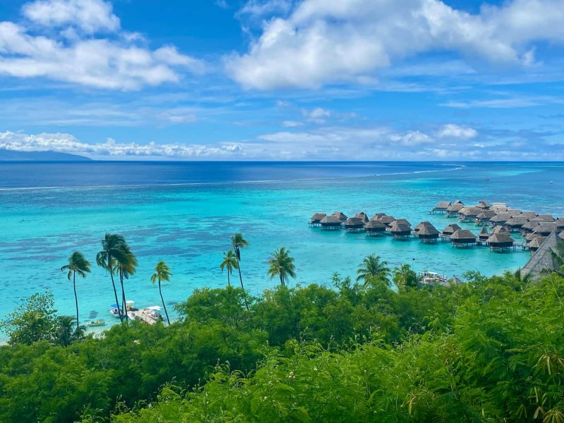 Vue en plongée sur le lagon et l'océan depuis le point de vue To'atea de Moorea, bungalows sur pilotis à la droite - Hôtel Sofitel Kia Ora Moorea Beach Resort 5*