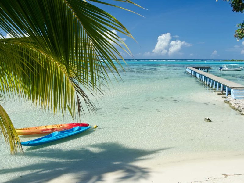 Hôtel Les Tipaniers 2* à Moorea. Vue sur la plage, le lagon et le ponton de l'hôtel. 2 kayaks au premier plan.