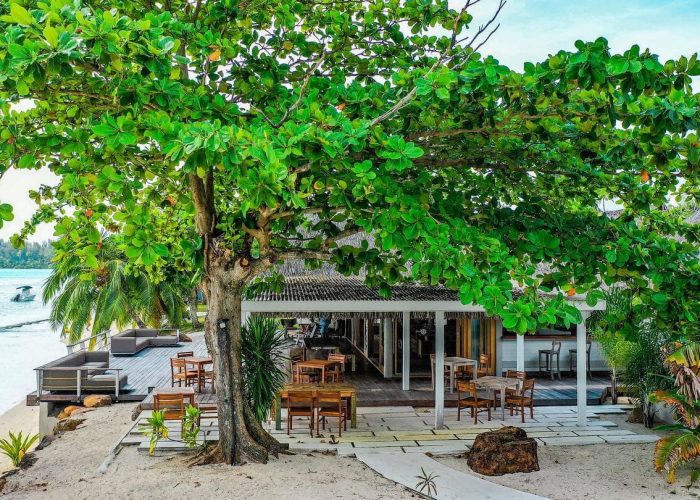 Pension Moorea Island Beach à Moorea - vue en hauteur sur le salon extérieur donnant sur le lagon, avec arbre fruitier au premier plan.