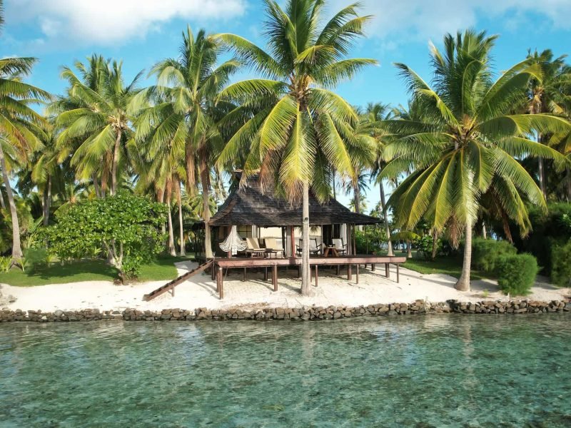 Hôtel Vahine Private Island 4* à Taha’a - vue depuis le lagon d'une Suite Plage entourée de palmiers.