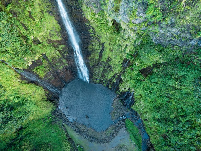 vue à 90° sur le bas d'une cascade à Tahiti