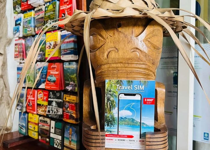 subtiles-tahiti-tahiti-pension-de-la-plage©pension-plage Pension de la Plage à Tahiti - tiki en bois tenant une Carte Sim Travel.