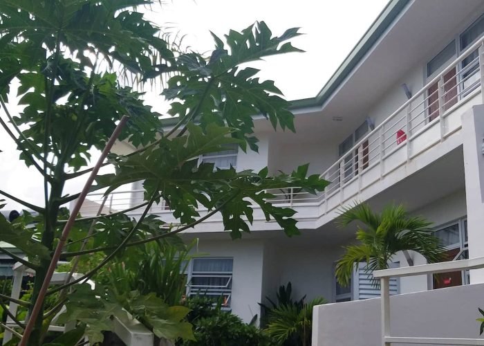 Pension Fare Suisse à Tahiti. Vue en contre bas sur le bâtiment des chambres.