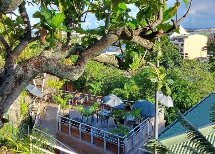 Pension Fare Suisse à Tahiti. Vue aérienne de la terrasse de la pension.