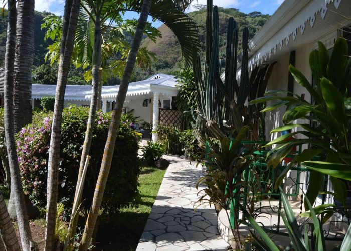 Pension Relais Fenua à Tahiti. Vue générale sur le chemin menant aux chambres dans le jardin tropical.