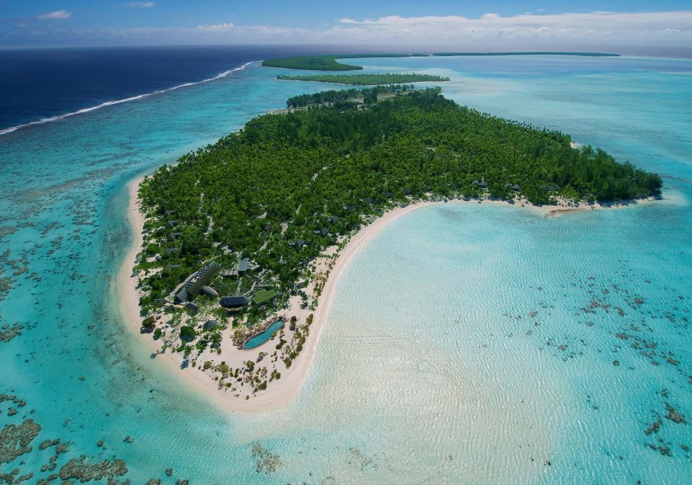 Vue aérienne de l'atoll de Tetiaroa avec l'hôtel The Brando 5*****